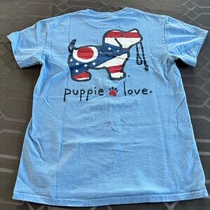 Puppie Love Stars & Stripes Pup Blue Cotton Short Sleeve Women’s Tee Small